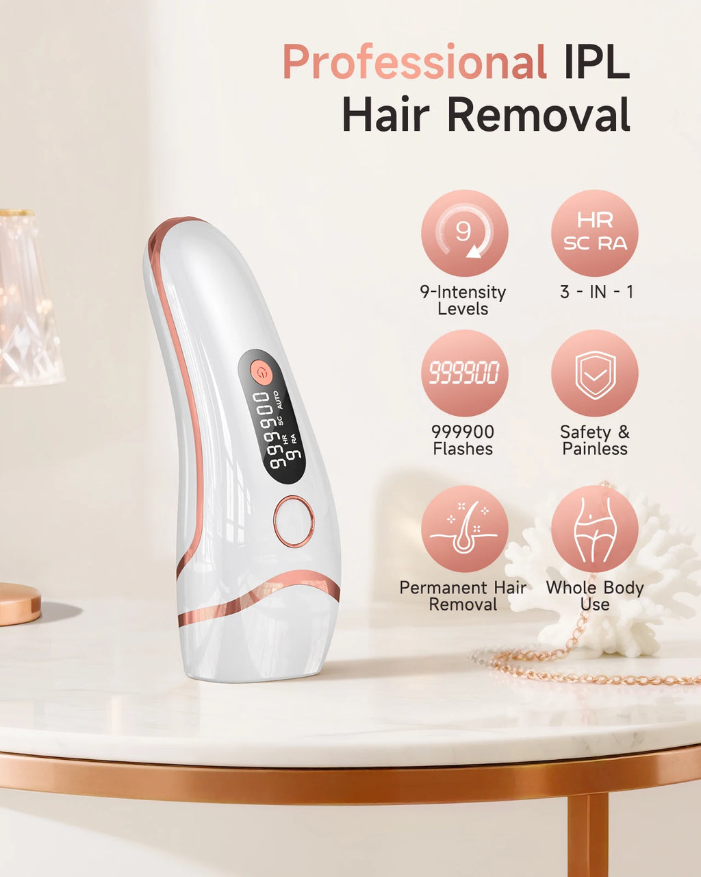 IPL Hair Removal, 9 Levels, HR SC RA, 999.9k