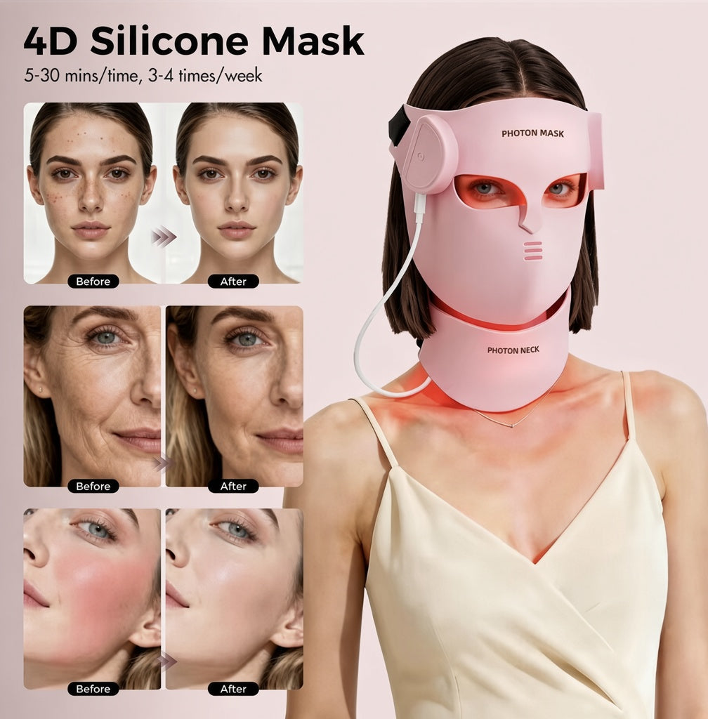 7 in 1 LED light therapy mask, Silicone Face And Neck Mask Light Therapy for Women & Men, Wireless Controller, Anti-Aging Skin Care at Home, Pink and black