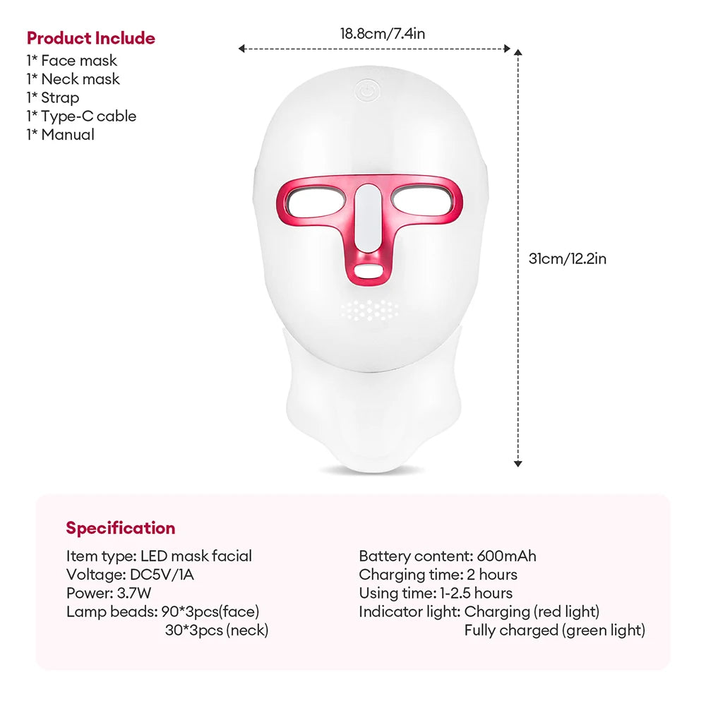 Rechargeable 7-Color LED Face Mask, 360 Lights