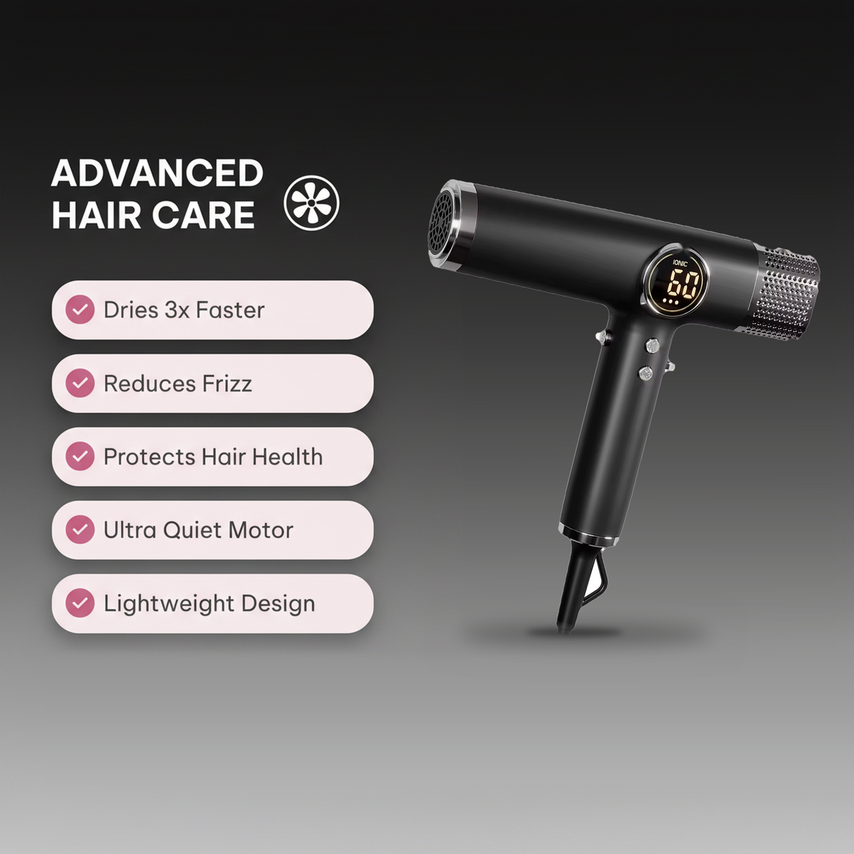 Professional Salon Hair Dryer, Lightweight Ionic Blow Dryer with Negative Ions, Brushless High Speed Motor, Quiet, Travel Hair Dryer for Women & Men